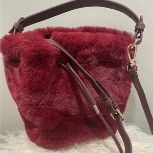 Red Faux Fur Drawstring Bucket Bag